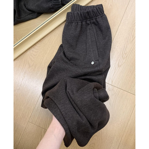 毛呢休闲直筒裤女大码秋冬加绒加厚胖妹妹宽松显瘦磨毛运动阔腿裤 - 图3