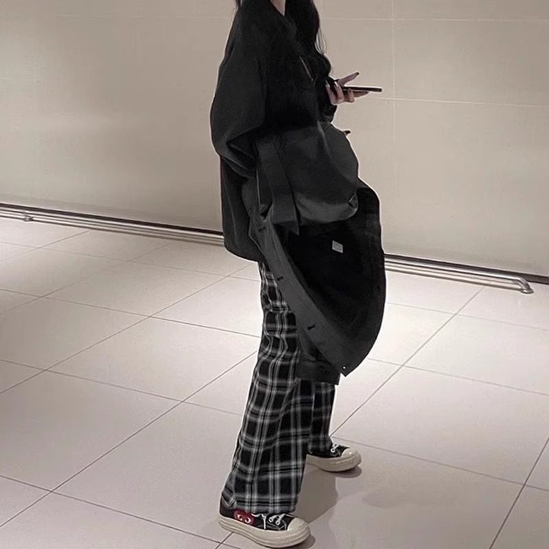 黑白格子直筒裤女大码秋冬加绒加厚胖mm高腰显瘦中长款休闲阔腿裤,淘宝优惠券,粉丝福利购,淘宝优惠卷