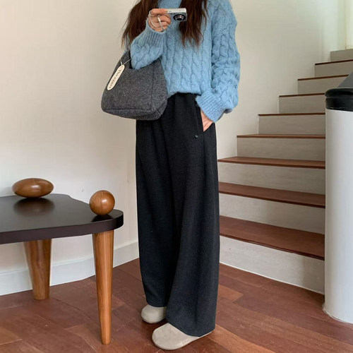 毛呢休闲直筒裤女大码秋冬加绒加厚胖妹妹宽松显瘦磨毛运动阔腿裤 - 图1