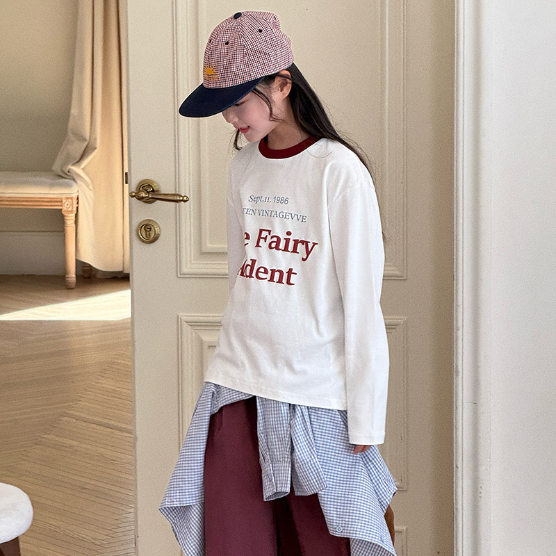 女童长袖T恤2025秋装新款文艺复古字母T棉感柔弹伸展自由可盐可甜,淘宝优惠券,粉丝福利购,淘宝优惠卷