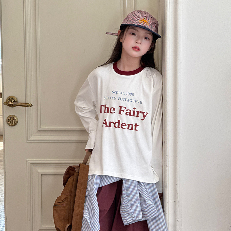 女童长袖T恤2025秋装新款文艺复古字母T棉感柔弹伸展自由可盐可甜,淘宝优惠券,粉丝福利购,淘宝优惠卷