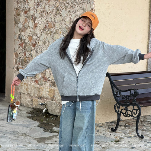 女童拼色连帽外套2026春新款青少年宽松洋气休闲连帽拉链开衫 - 图3