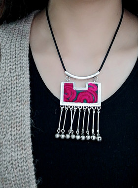 精品手工老绣片苗银项链民族风