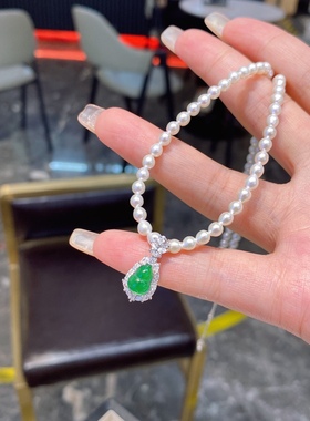 S925银小众新款翡翠葫芦吊坠天然淡水珍珠米珠轻奢气质项链