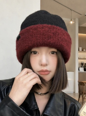韩版针织毛线堆堆帽子女款2026新款拼色秋冬大头围显脸小护耳冷帽