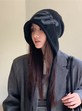冬季后开叉卷边针织包头帽女护耳