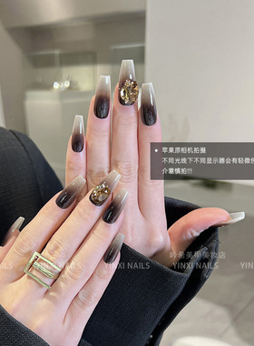 新款黑色渐变手工穿戴甲成品中长款梯形轻奢高级感显白带钻美甲