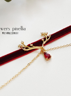 酒红色丝绒项链18K包金森系黑色
