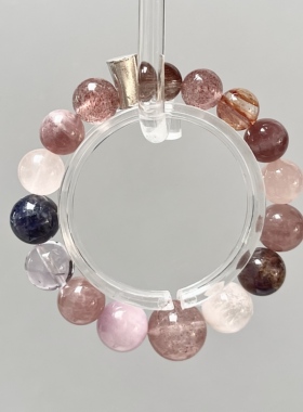 Amber Crystal 五行火系天然水晶手链 粉晶红胶花红发晶多宝 手串