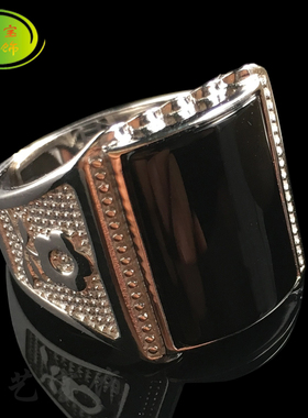 宝石戒指天然黑玛瑙s925纯银白金戒指 玉石镶嵌可调男指环带证