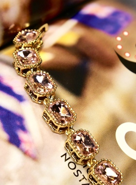 清仓黄铜镀真金高级感水晶玻璃钻手链中古风粉色绿色