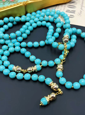 中古复刻vintage夏季新款石头 蓝色海洋毛衣链米珠长款松石项链