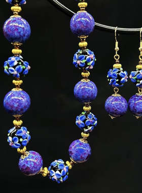 中古复刻vintage 复古紫蛙皮琉璃 穆拉诺紫色百搭新中式项链耳环