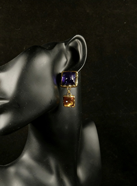 中古风复古风高级感复古镀真金项链素金925银针耳钉耳环彩色琉璃