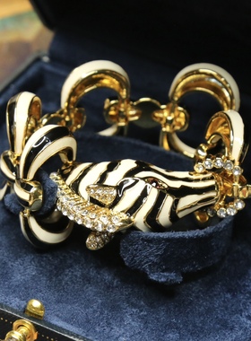 Vintage中古复刻黄铜镀真金立体浮雕斑马头手链密镶满钻珐琅