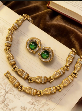 中古风复古宫廷风高级感复古镀真金925银针项链耳钉耳环鳄鱼