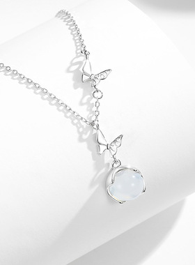 蝴蝶s999足银项链女小众设计轻奢款玉髓花朵吊坠锁骨链ins风礼物