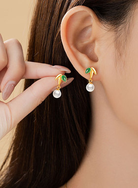 节节高升s925纯银项链高级感淡水珍珠玉髓竹子吊坠锁骨链耳钉套装