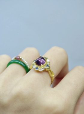 琉梨集 紫色碧玺锆石镶嵌银镀金可调节开口戒指