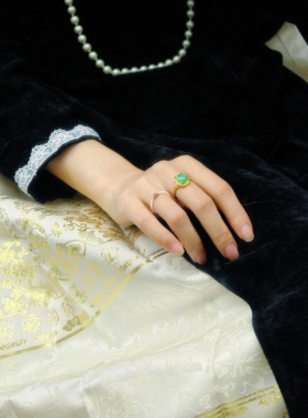 琉梨集民国风旗袍配饰翡翠镶嵌银镀金可调节戒指