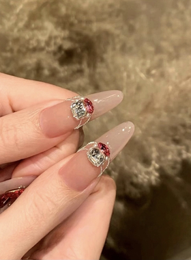 全华 Ash美甲定制纯手工施华洛玫红色钻气质婚甲新娘成品