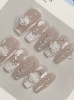 Ash穿戴美甲定制纯手工山茶花法式白色仙气新娘成品贴片孕妇牢固