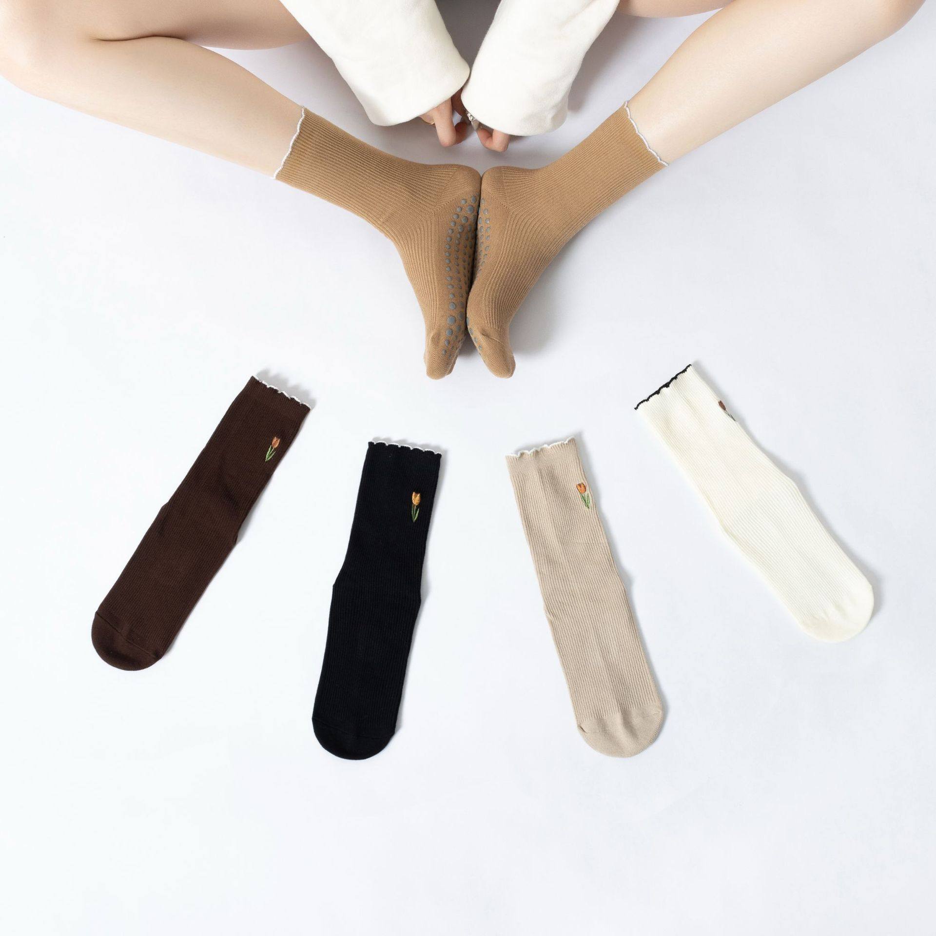 外贸春秋新品花朵刺绣瑜伽袜日式学院风百搭地板袜美腿健身简约,淘宝优惠券,粉丝福利购,淘宝优惠卷
