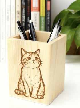 猫咪笔筒宠物盒子杂物收纳仿真花盆实木摆件手工可定制图案卡通