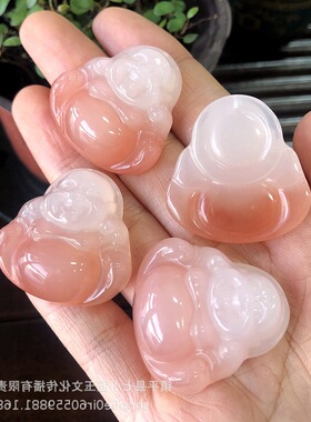 新疆金丝玉桃花酿佛公吊坠 樱花粉玉石笑佛玉坠挂件女款项链