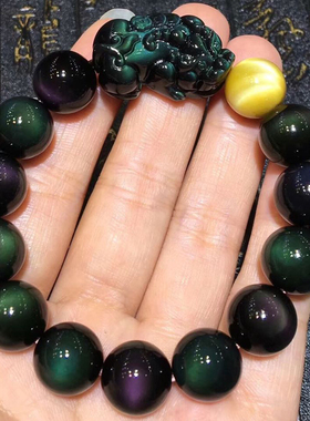 天然双彩眼黑曜石手链男貔貅 猫眼108颗佛珠招财皮丘手串女士礼品