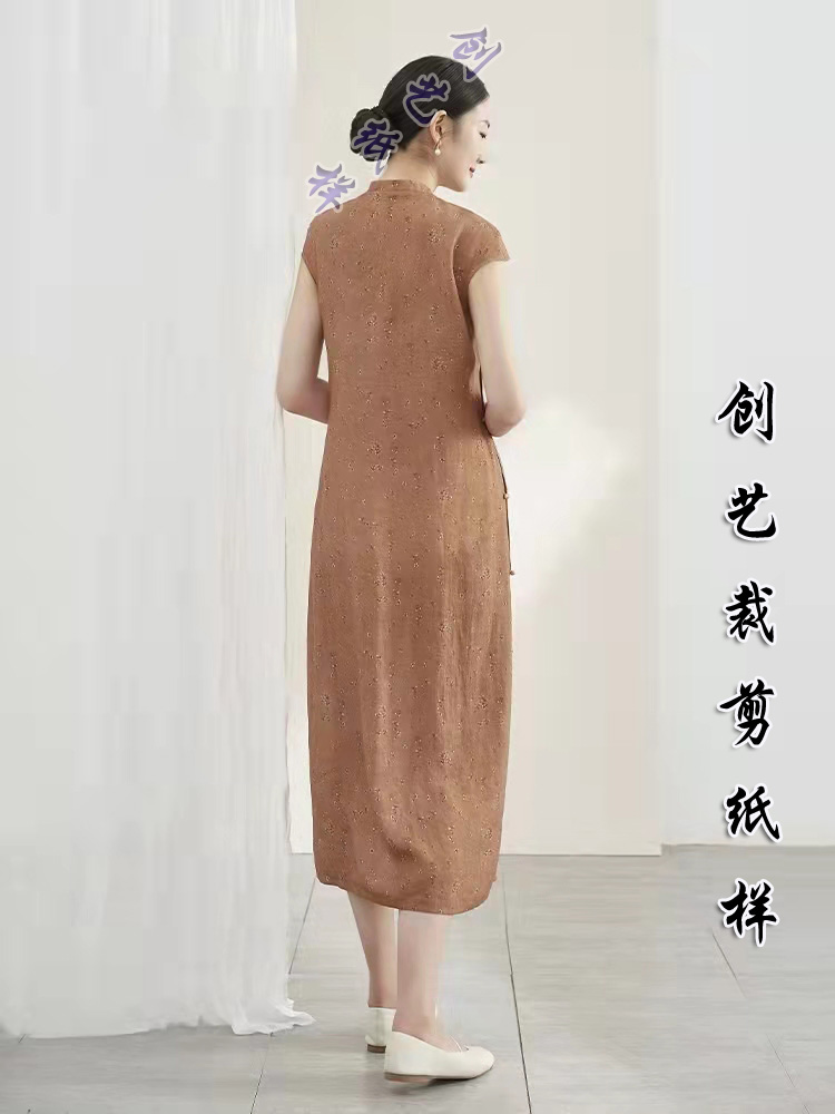 裁剪衣服图CX205夏季全开立领连衣裙 苎麻印花改良旗袍禅意纸样版 - 图2