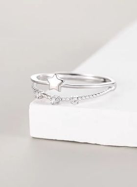 925银双层镶钻星星开口戒指女小众设计轻奢时尚个性素圈食指戒