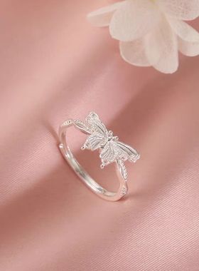 银色蝴蝶戒指女小众设计气质时尚食指戒百搭2025新款开口指环ins
