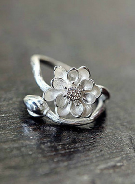 原创设计S925纯银饰品唯美简约中国风荷花手工开口戒指女指环百搭