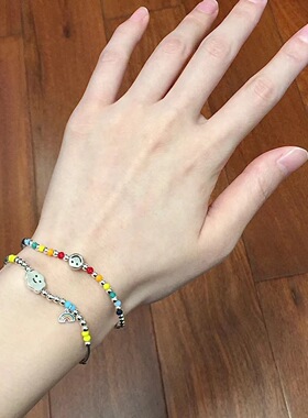 小红书爆款东大门彩色珠串笑脸小熊云朵手链小众设计彩珠手饰ins