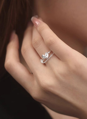 链条爱心戒指女2025新款轻奢小众设计指环个性开口戒食指