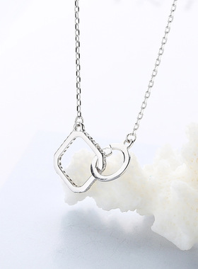 正方形圆圈几何双环闪亮短项链