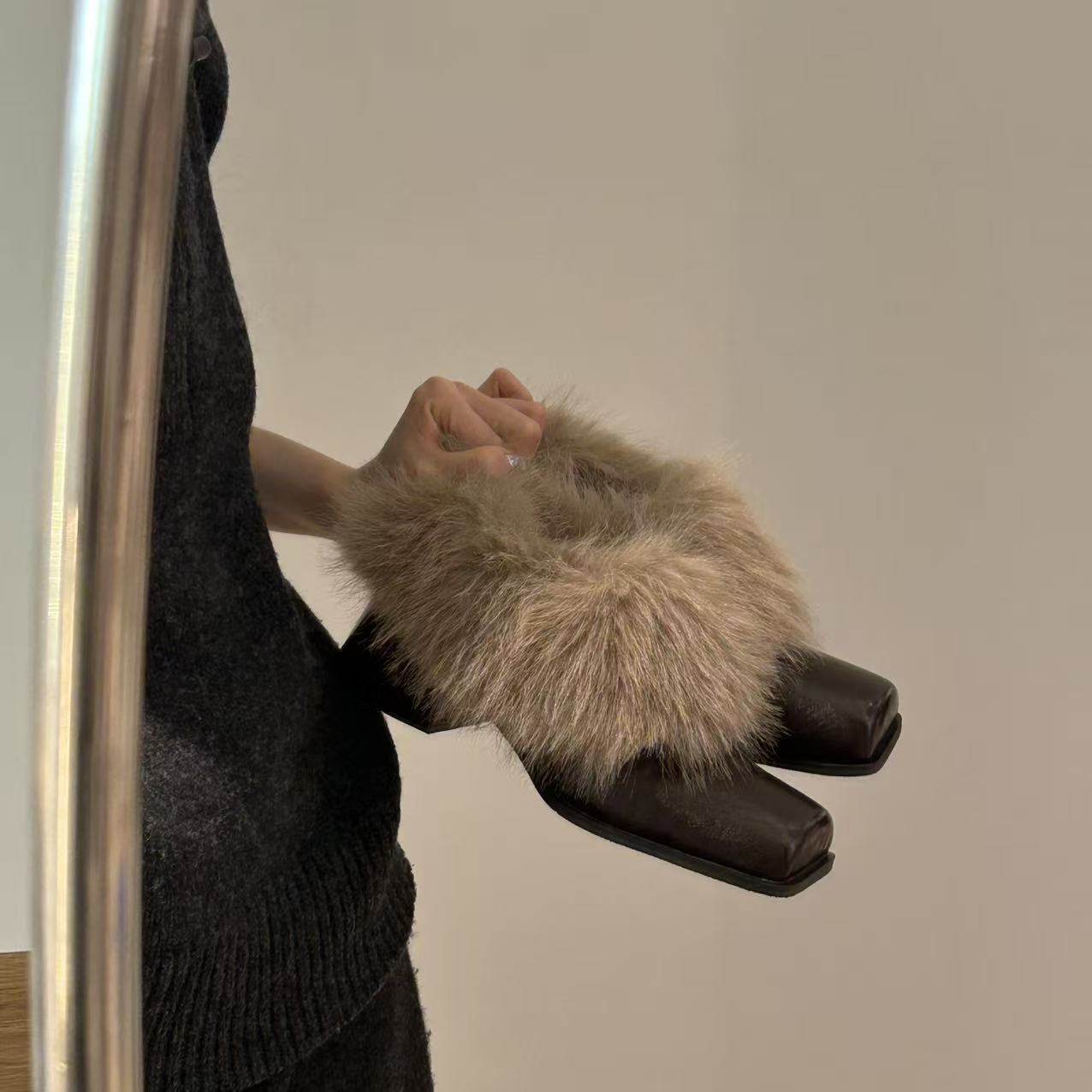 H55女鞋浮世绘2025冬季新款复古法式毛毛粗跟时尚保暖方头小高跟,淘宝优惠券,粉丝福利购,淘宝优惠卷