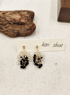 kari show秋冬新款黑白金日系ins风黑碧玺碎银感串珠多款耳饰