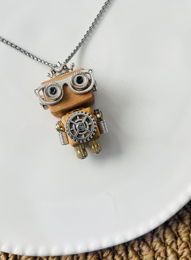 朋克机器人项链进口榉木吊坠木质手工复古制作DIY创意礼物挂件