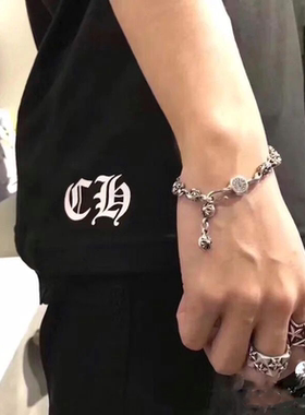 CH克罗伈925纯银圆形雕花球十字花手链欧美经典复古朋克男女手环