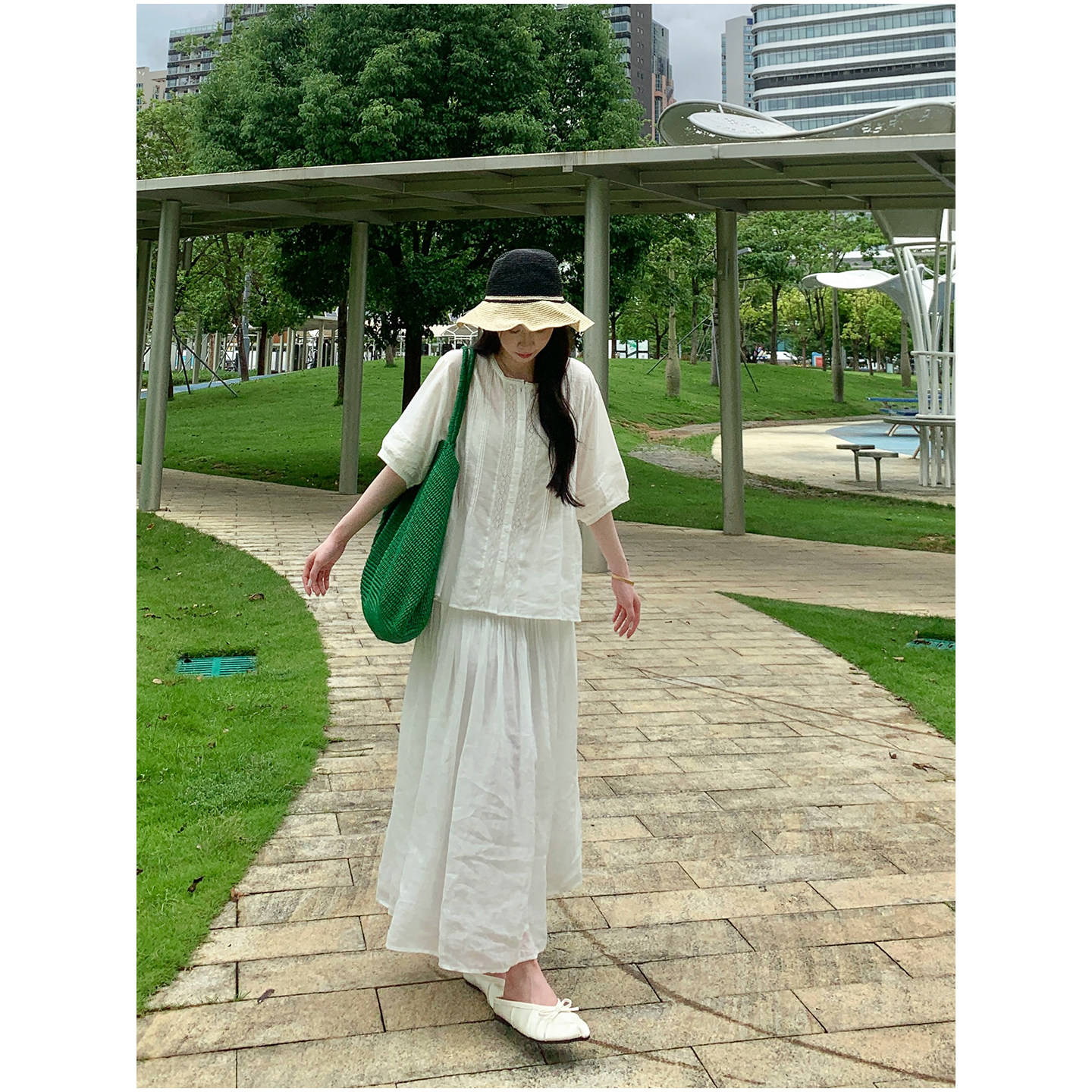 【颖颖家】灵动飘逸，仙气儿十足~苎麻松紧腰抽绳压褶半裙 W2460