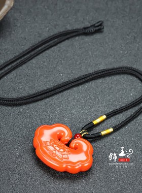 和田玉红玉莲花平安锁吊坠