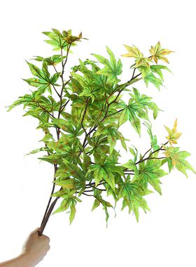 新款3D枫树叶子枝条绿植秋色红黄仿真花装饰摆件槭树会所中式叶材