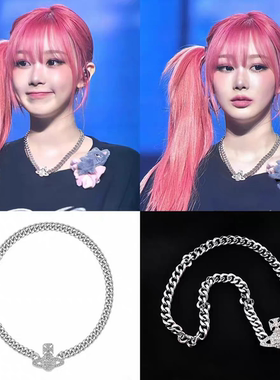 aespa吉赛尔同款满钻星球钛钢颈项链男女小众银色古巴Choker锁骨