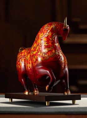 大漆工艺铜牛摆件办公室装饰品