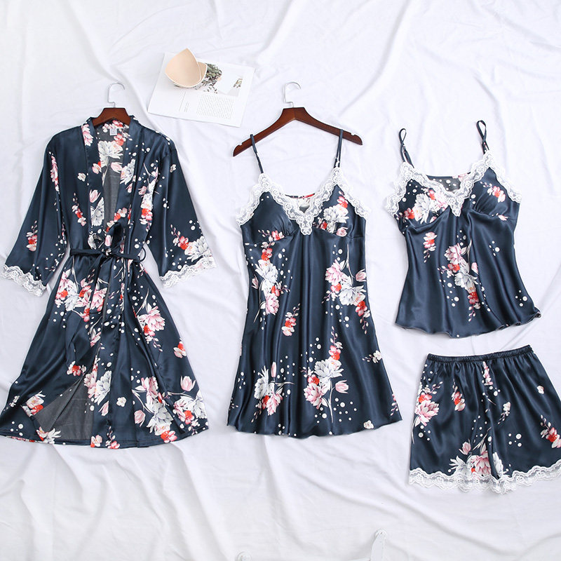 夏四件套冰丝绸春秋季蕾丝性感睡裙 易魅睡衣/家居服套装