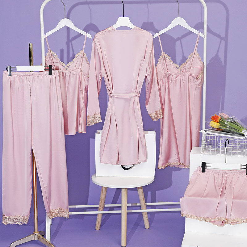 女夏冰丝性感蕾丝吊带五件套带睡裙 易魅睡袍/浴袍