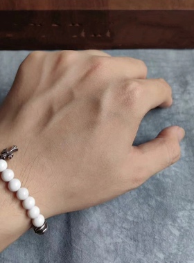 潮牌纯银小十字架天然黑曜石6mm手链手串白瓷绿松石男女款礼物