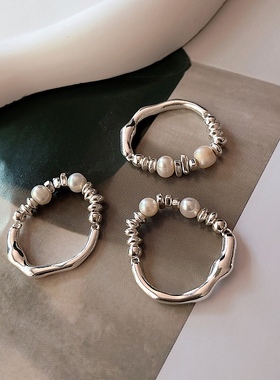 不规则金属碎银子珍珠戒指女小众个性简约百搭气质时尚指环银戒指